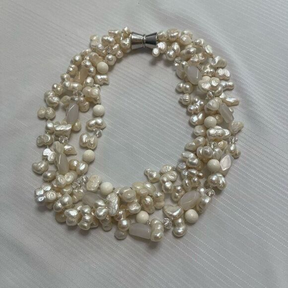 Freshwater Pearl Sticks and Crystals Triple Strand Necklace - Picture 1 of 5
